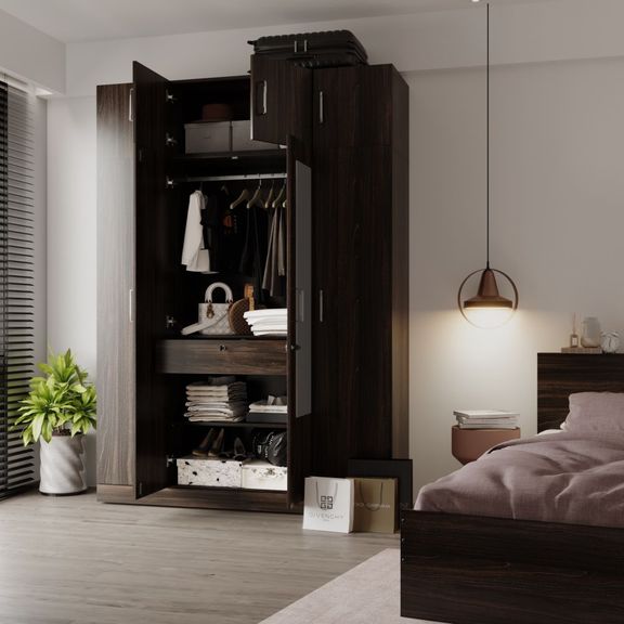 Gingham 4 Door Wardrobe in Matte Finish with Drawer, Mirror, Loft and 1 Hanging Space | (Dark Brown)